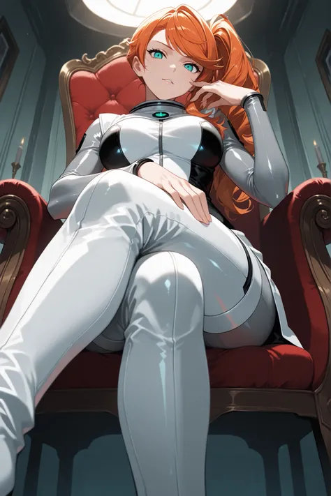 alone, solo, pokemonsonia, aqua eyes, long hair, long sleeves, orange hair, side ponytail, swept bangs, score_9, score_8_up, score_7_up, score_6_up, source_anime, anime, masterpiece, best quality, black and white dress, two-tone dress, grey bodysuit, body...