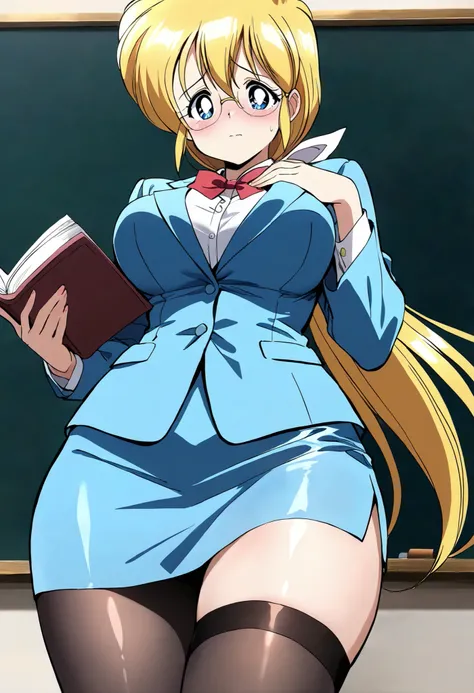  (masterpiece,Best Quality:1.4),,,Beautiful Shadows, ,(Official Art),BREAK, (1girl,solo,teacher, runa sensei, yellow long low ponytail).glasses,(blue suit,bowtie,white collared ,pencil skirt,pantyhose,BREAK,(standing front of blackboard in the classroom,),...