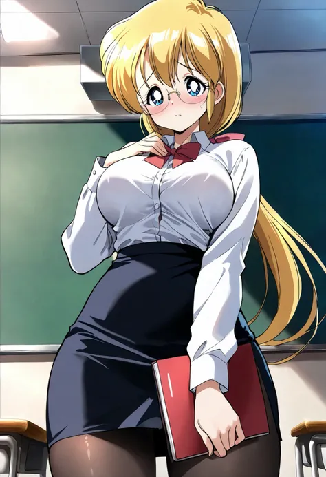  (masterpiece,Best Quality:1.4),,,Beautiful Shadows, ,(Official Art),BREAK, (1girl,solo,teacher, runa sensei, yellow long low ponytail).glasses,(bowtie,white collared ,pencil skirt,pantyhose),BREAK,(standing front of blackboard in the classroom,),BREAK, (e...