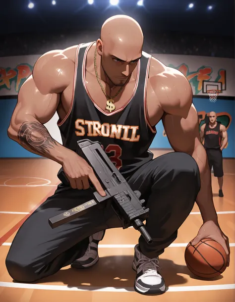 Perfect Hands, A dark-skinned bald man stands assertively on an outdoor basketball court, showcasing a striking presence. He is dressed in a black tank top and dark pants, complemented by white sneakers. Around his neck hangs a large, bold dollar sign neck...