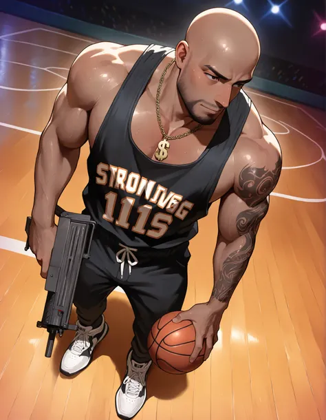 Perfect Hands, A dark-skinned bald man stands assertively on an outdoor basketball court, showcasing a striking presence. He is dressed in a black tank top and dark pants, complemented by white sneakers. Around his neck hangs a large, bold dollar sign neck...