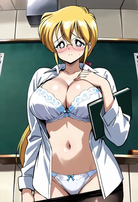  (masterpiece,Best Quality:1.4),,,Beautiful Shadows, ,(Official Art),BREAK, (1girl,solo,teacher, runa sensei, yellow long low ponytail).glasses,(white collared ,open shirt,white bra,cleavage,no skirt,white panties,pantyhose),BREAK,(standing front of blackb...