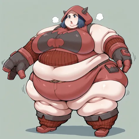 tmgrnt, dark blue hair, forehead, dark blue eyes, medium hair, large breasts
hood up, fake horns, hooded vest, ribbed sweater, red hoodie, red sweater, red gloves, red shorts, red boots, fat, chubby, obese, fat neck, multiple chins, big breasts open mouth,...
