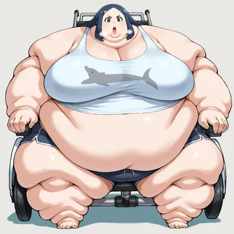 tmgrnt, dark blue hair, forehead, dark blue eyes, big breasts, tank top, midriff, dolphin shorts, sitting on Powered Wheelchair, fat, chubby, obese, fat neck, multiple chins, big breasts open mouth, out of breath, Larger female, full body shot, only head, ...