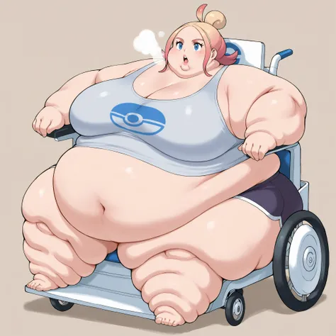 taunie, aged up, taunie \(pokemon\), pink hair, blonde hair, gradient hair, multicolored hair, single hair bun, ahoge, blue eyes, short hair, sidelocks, tank top, midriff, dolphin shorts, sitting on Powered Wheelchair, fat, chubby, obese, fat neck, multipl...