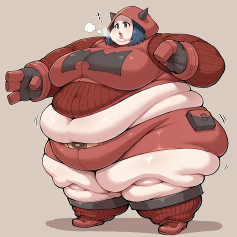 tmgrnt, dark blue hair, forehead, dark blue eyes, medium hair, large breasts
hood up, fake horns, hooded vest, ribbed sweater, red hoodie, red sweater, red gloves, red shorts, red boots, fat, chubby, obese, fat neck, multiple chins, big breasts open mouth,...