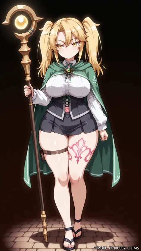 feet,(style_name:1.3),(fantasy,Wizard:1.3),shirt,skirt,,kashiwazakikana,(cute),(High Resolution),(More Details), (8K),(yellow hair),long hair,twintails, (tsurime),(yellow eyes),(short girl,curvy),(dark:1.2),thigh strap,simple_background,pink pubic tattoo ,...