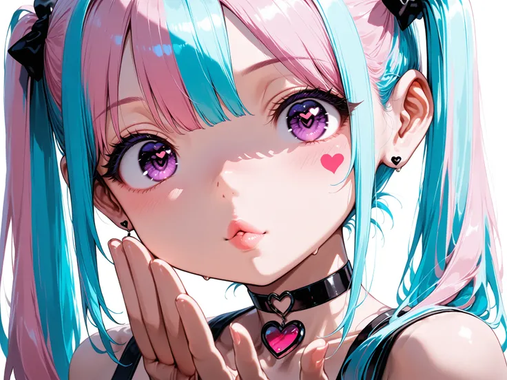 1girl, solo, ((cute)), (short), (purple eye), ((two-tone hair, pink hair, light blue hair, long hair, twintails)), (heart choker), from side, cute expression, wink, close eye, blush, blowing a kiss, o3o, lips puckered, hand near mouth, palm facing outward,...