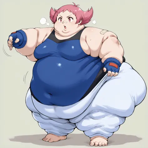 1girl, maylene (pokemon), pink eyes, pink hair, small breasts, short hair, eyelashes, pointy hair
white pants, blue gloves, bandaid on nose, bandaid, bandaid on arm, bodysuit, fingerless gloves, barefoot, spandex, sleeveless, fat, chubby, obese, fat neck, ...
