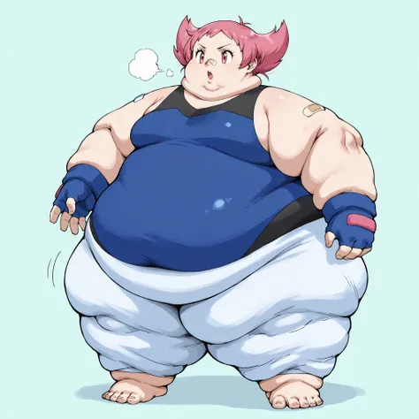 1girl, maylene (pokemon), pink eyes, pink hair, small breasts, short hair, eyelashes, pointy hair
white pants, blue gloves, bandaid on nose, bandaid, bandaid on arm, bodysuit, fingerless gloves, barefoot, spandex, sleeveless, fat, chubby, obese, fat neck, ...