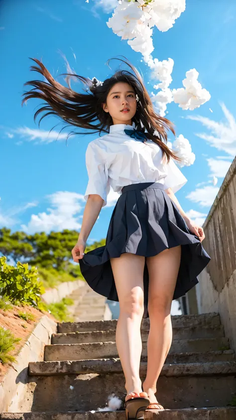 ((Viewing angle from below、Highest quality、masterpiece、32k、Every detail))、Descend the outdoor stairs、commute、Systemic symptoms、Traditional navy blue sailor uniform、White blouse、Pleated skirt、(((A strong wind blows up her hair and skirt:1.62)))、(( I always ...