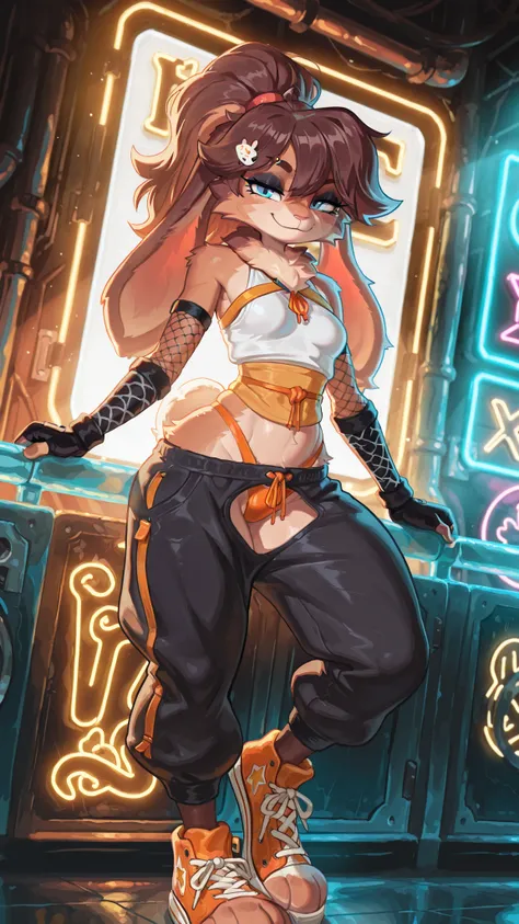 masterpiece, best quality, amazing quality, very aesthetic, high resolution, ultra-detailed, absurdres, newest, scenery, 1girl, svlop, rabbit, furry female, blue eyes, looking at the viewer, tail, small breasts, thighs, hips, female focus, contrast lightin...