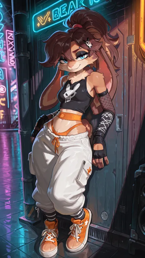 masterpiece, best quality, amazing quality, very aesthetic, high resolution, ultra-detailed, absurdres, newest, scenery, 1girl, svlop, rabbit, furry female, blue eyes, looking at the viewer, tail, small breasts, thighs, hips, female focus, contrast lightin...