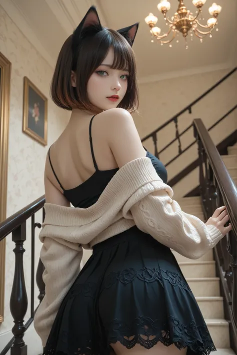 (masterpiece:1.3), (8k:1.3), (best quality:1.3), (ultra-detailed:1.3), very aesthetic, detailed background, high-resolution rendering.
gothic-influenced catgirl, melancholic beauty, cute face, decadent expression, graceful proportions, feminine curves, s...