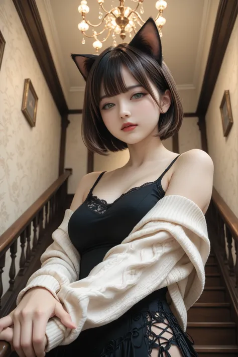 (masterpiece:1.3), (8k:1.3), (best quality:1.3), (ultra-detailed:1.3), very aesthetic, detailed background, high-resolution rendering.
gothic-influenced catgirl, melancholic beauty, cute face, decadent expression, graceful proportions, feminine curves, s...