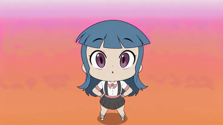 1girl, solo, a_ey, bangs, elastic band, higurashimei, furude rika, blue hair, purple eyes, long hair, ((flat_chest)), bow, skirt, shirt, suspenders, short sleeves, pleated skirt, white shirt, pink bow, facing viewer, suspender skirt, school uniform, blac...