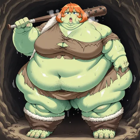 pmpgrunt, orange hair, medium hair, blue eyes, Becoming a orc, monster, Orc, Female Orc, green skin, tusks, Orc, fangs, 1girl, fur, rags, brown crop top, fur trim crop top, single off shoulder, midriff, navel, brown miniskirt, fur trim miniskirt, blank_sta...