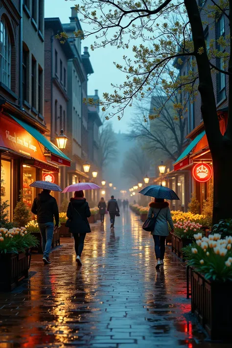  The town streets in spring after the rain ， The damp cobblestone pavement reflects the neon lights of the shops 。New green buds on the branches ， Tulips and daffodils bloom in the flowerbeds along the street.。 Pedestrians stroll by with umbrellas ， The ov...