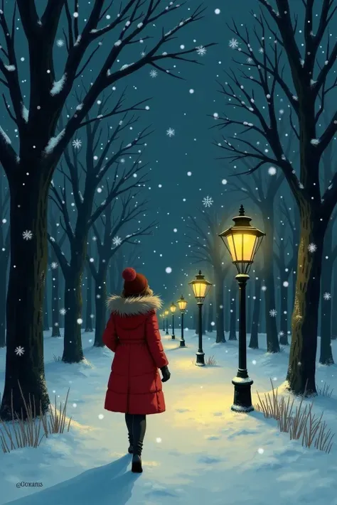 A woman in a red coat walks through a snowy park at night, surrounded by glowing lanterns. Her footsteps are the only sound when snowflakes fall silently beside her. The atmosphere is still static, drawn in a soft storybook style，The shade is warm，Detailed...