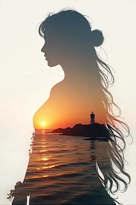 High quality，8K Ultra HD，美丽的Doubleexposure，combines the silhouette of the goddess with the sunset coast，The sunset coast should be used as the bottom background，details are incorporated into the goddess's silhouette，Clear lines，The background is monochroma...