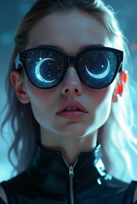 The model is wearing glass sunglasses，with stars and moon on the lenses