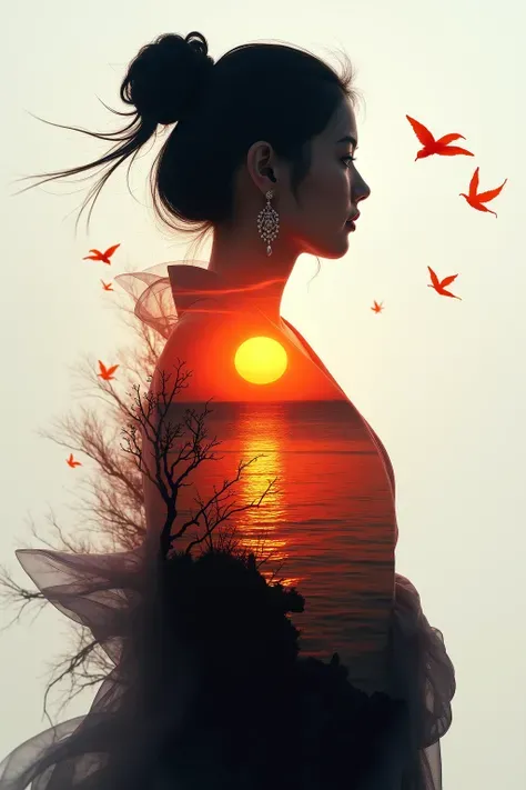 High quality，8K Ultra HD，美丽的Doubleexposure，combines the silhouette of the goddess with the sunset coast，The sunset coast should be used as the bottom background，details are incorporated into the goddess's silhouette，Clear lines，The background is monochroma...