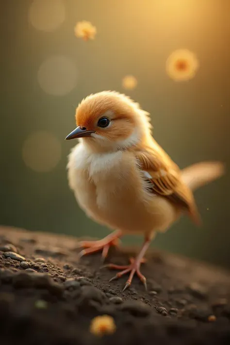 A charming close-up photo，shows a beautiful bird，illuminated by soft golden light on a quiet morning，with a bokeh ball gently framing its petite body