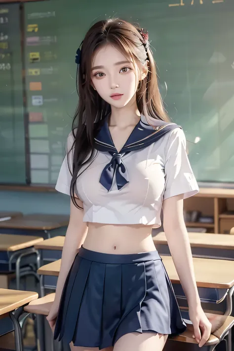 ( Super High Definition), (I'm looking over here), (school uniform:1.2, sailor suit, flared skirt), (Big Breasts:1.2), (Slimness:1.8), ( Read more:1.4), (thin thighs:1.4), ( thin hips:1.6), ( beautiful skin, shiny skin, white skin), (Super slim face, Sup...