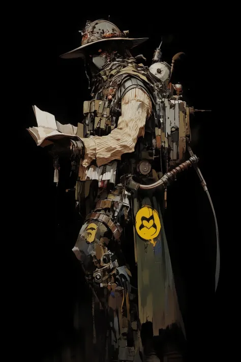 A figure dressed in tactical gear is positioned against a black background, Sharp contrasts highlight the details of the outfit,He wears a wide-brimmed helmet and a mask that covers most of his face,Only the eyes are visible,Projecting a sense of mysticism...