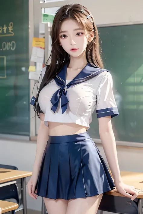 ( Super High Definition), (I'm looking over here), (school uniform:1.2, sailor suit, flared skirt), (Big Breasts:1.2), (Slimness:1.8), ( Read more:1.4), (thin thighs:1.4), ( thin hips:1.6), ( beautiful skin, shiny skin, white skin), (Super slim face, Sup...