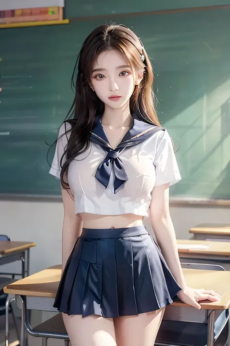 ( Super High Definition), (I'm looking over here), (school uniform:1.2, sailor suit, flared skirt), (Big Breasts:1.2), (Slimness:1.8), ( Read more:1.4), (thin thighs:1.4), ( thin hips:1.6), ( beautiful skin, shiny skin, white skin), (Super slim face, Sup...