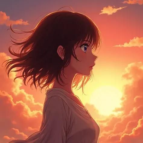 Makoto Shinkai inspired anime girl, looking toward the right, bright sunset backlight, warm glowing orange and pink skies, wind blowing through her hair, dreamy and emotional atmosphere, detailed clouds, vibrant colors, crisp and sharp illustration, iconic...