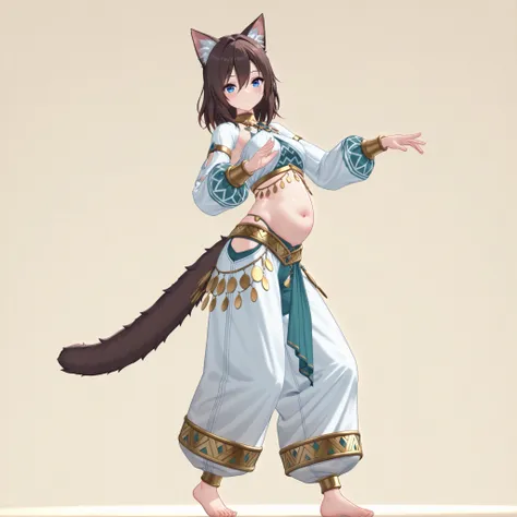 (1girl, solo, cat girl, fluffy tail, dark brown hair, medium hair, hair between eyes, blue eyes, midriff, navel, top, long sleeves, very baggy oversized harem belly dance jasmine pants, barefoot, body jewelry, standing, dancing, looking at the viewer, grac...
