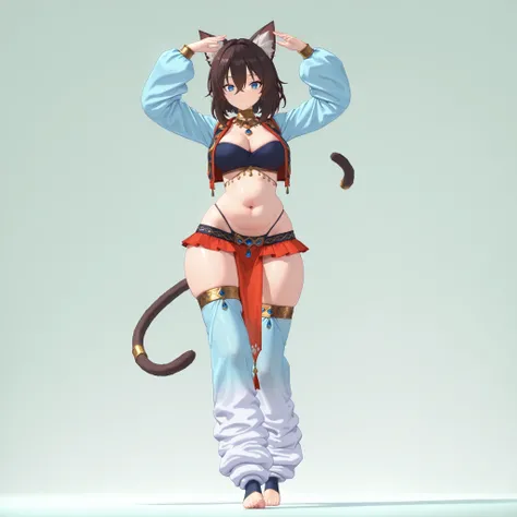 (1girl, solo, cat girl, cat ears, cat tail, dark brown hair, medium hair, hair between eyes, blue eyes, cleavage, midriff, navel, sagging belly, wide hips, thick hips, harem outfit, genie, open vest, long sleeves, simple top, thong, short skirt, pelvic cur...
