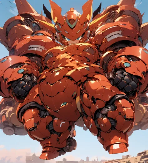 (((1 chibi boy in large robot costume, from below))), (smile face:1.5), (full helmet but open face area:2.0), (full helmet:2.0), 1boy, male child, (chibi), (bulky:1.8), (megaman face:1.4), (mechanical parts:1.3), (full armor:1.8), (mecha armor:1.8), (shoul...