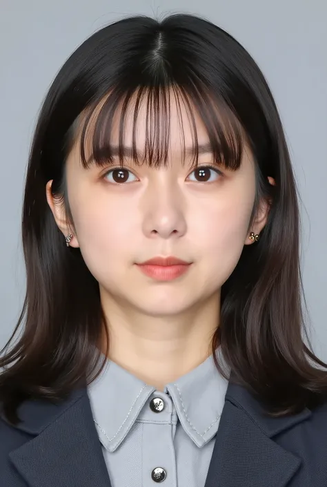 Passport photo of a neat young woman、facing directly、camera list、office lady suit、jacket、shirt、、、ear piercings、前髪あり、黒に近い茶髪、ウェーブヘア、口を閉じた笑顔、、has closed its mouth、face close-up、grey background