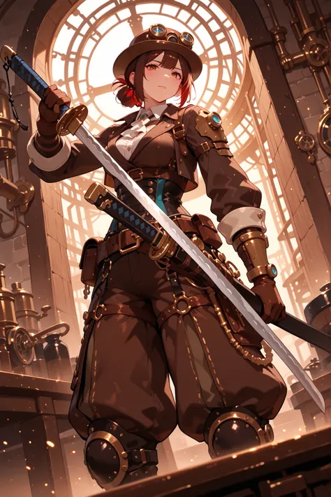 steampunk engineer,Japanese sword large sword,Appraising swords