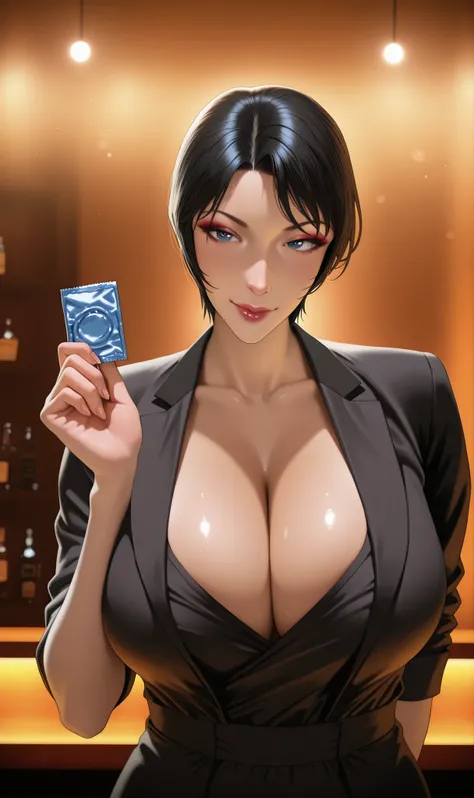 High Quality,4K,Realistic,photorealistic,HDR,Professional,Delicate Details,Vivid colors,Bokeh, beautiful bartender, female, attractive face, seductive smile, Beauty hair, professional attire, black top, low-cut outfit, Beauty Huge cleavage, Busty figure, b...