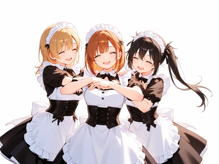 white background,3girls,anime maid,black corset,White apron,smiling while bowing lightly,Dutch angle shot