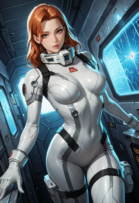 high resolution images, masterpiece, Highest Quality, amazing quality, official art, Highly detailed, Wallpaper, 1 girl, slender, A very attractive and slim woman wearing a tight spacesuit walks through the corridors of an abandoned and decaying space stat...