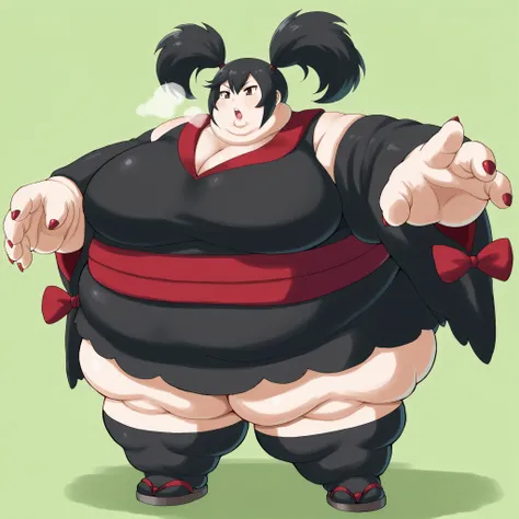 furikali, twintails, black_hair, hair_tie, brown_eyes, japanese_clothes, kimono, black_kimono, sash, wide_sleevees, kneehighs, black_socks, sandals, red_nails, large breasts, fat, chubby, obese, fat neck, multiple chins, big breasts open mouth, out of brea...
