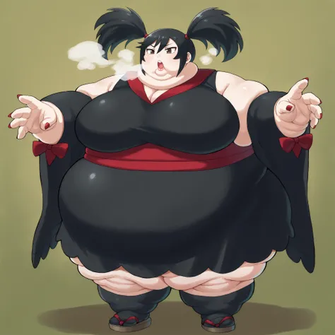 furikali, twintails, black_hair, hair_tie, brown_eyes, japanese_clothes, kimono, black_kimono, sash, wide_sleevees, kneehighs, black_socks, sandals, red_nails, large breasts, fat, chubby, obese, fat neck, multiple chins, big breasts open mouth, out of brea...