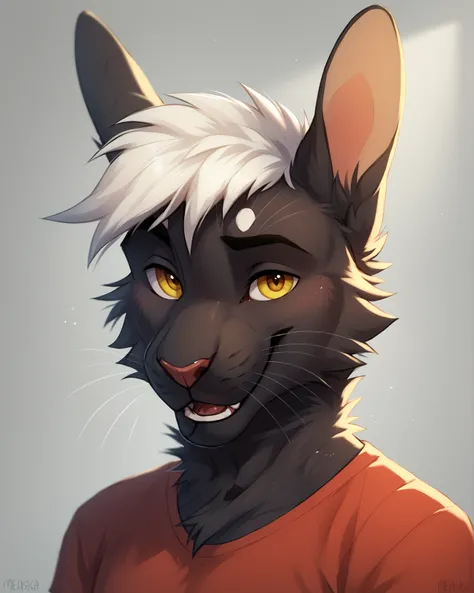 Mekaska, by Mekaska, medium portrait, masterpiece, high quality, detailed, best quality, soft lighting, soft shading, furry, anthro, solo, 1boy, male, rabbit, black fur, yellow eyes, white hair, short hair, red t-shirt, happy, mouth closed, looking at the ...