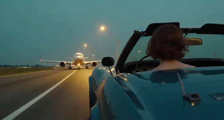 One car. Ultra close up low angle shot of a (((dark bluegreen))) 1973 corvette convertible driving at high speed on a (((dark))) airport runway (((at night))). No streetlamps are shown. The car is chasing an airplane that is taking off, close behind a...
