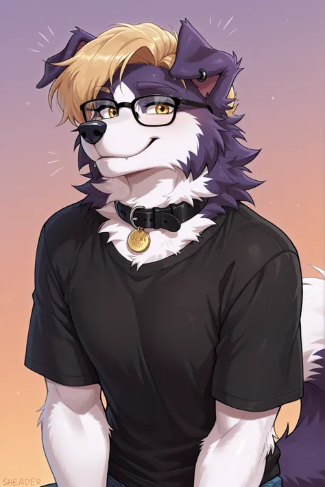 medium portrait, masterpiece, high quality, detailed, best quality, bordier collie, canid, canine, canis, collie, domestic dog, herding dog, pastoral dog, sheepdog, furry, anthro, dean, blonde hair, yellow eyes, glasses, dark purple nose, black ear ring, e...