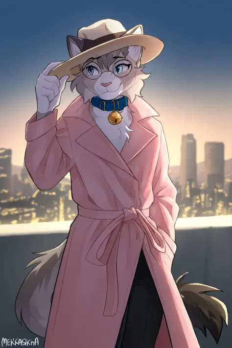 Mekaska, by Mekaska, medium portrait, masterpiece, high quality, detailed, best quality, soft lighting, soft shading, domestic cat, felid, feline, felis, egyptian mau, furry, anthro, nixuelle, grey fur, white fur, multicolored fur, grey hair, blue eyes, ta...