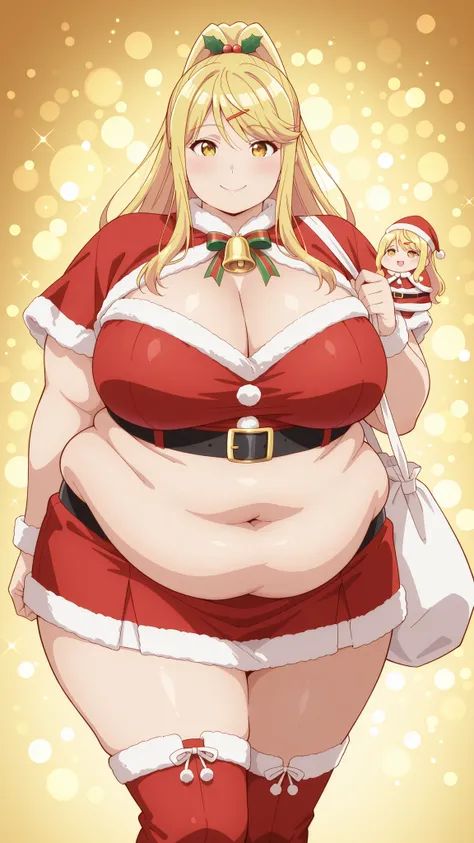obese,fat,plump,WeightObese,score_9, source_anime, Himari Ishikura, Alone, bangs, blonde hair, hair ornament, yellow eyes, ponytail, hair clip, high ponytail, Big breasts, hair ties, (the best quality), (high quality), {Masterpiece}, extremely delicate a...