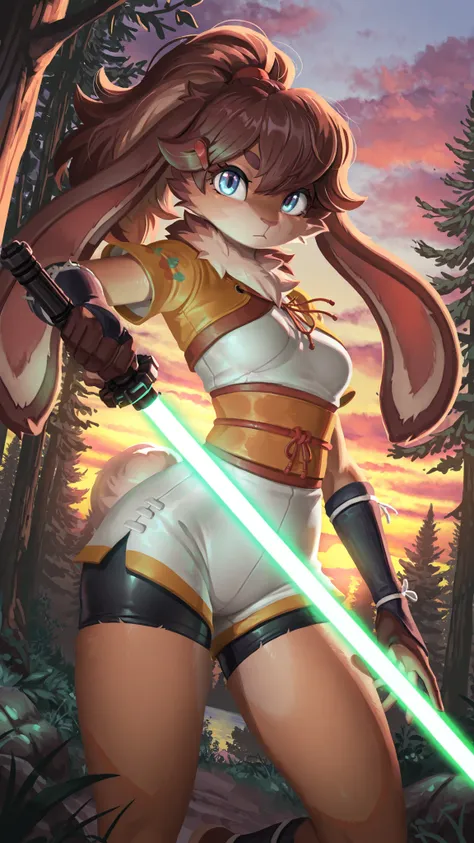 masterpiece, best quality, amazing quality, very aesthetic, high resolution, ultra-detailed, absurdres, newest, scenery, 1girl, rabbit, furry female, blue eyes, looking at the viewer, tail, small breasts, thighs, hips, female focus, contrast lighting, side...