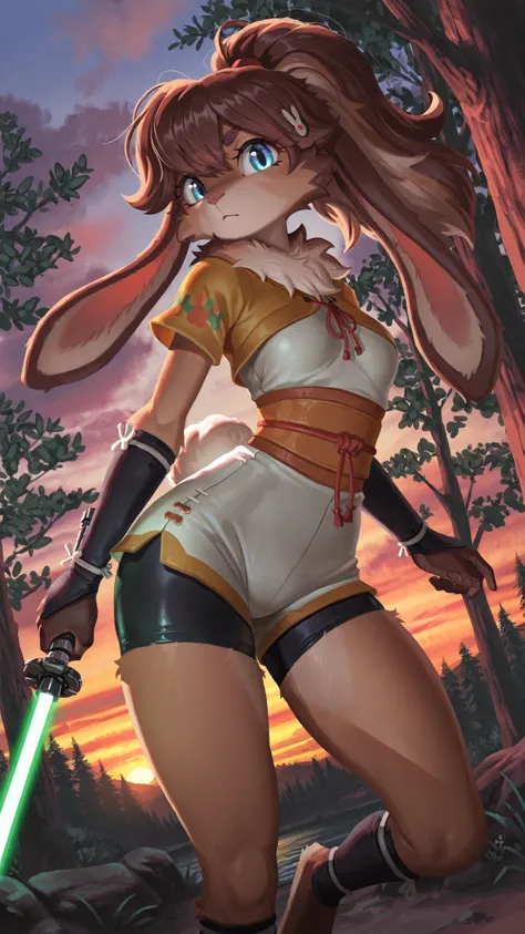 masterpiece, best quality, amazing quality, very aesthetic, high resolution, ultra-detailed, absurdres, newest, scenery, 1girl, rabbit, furry female, blue eyes, looking at the viewer, tail, small breasts, thighs, hips, female focus, contrast lighting, side...