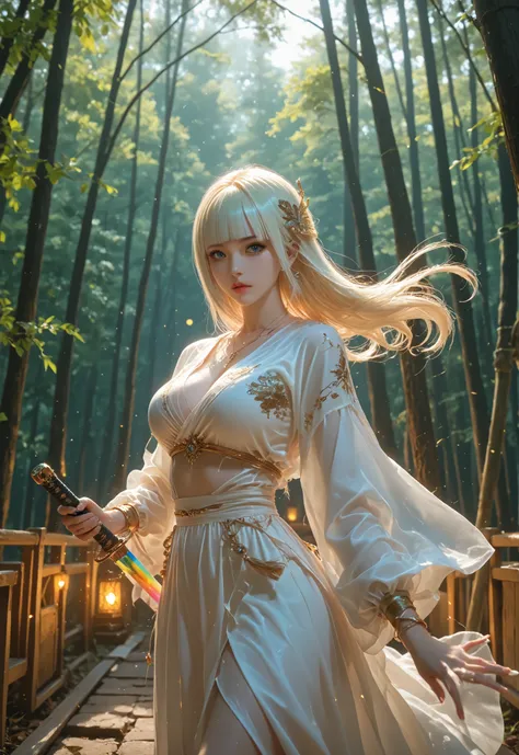 wide-angle view from above,((motion effect from below,dynamic motion)) ,battle ready,combat motion,(（surrounded by delicious shortcakes the size of 5 anatomically accurate fingers）),complete anatomy,solo,1girl,long hair, (Iridescent Golden Clarity),Crystal...